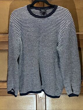 Vince Navy and White Striped Crewneck Sweater